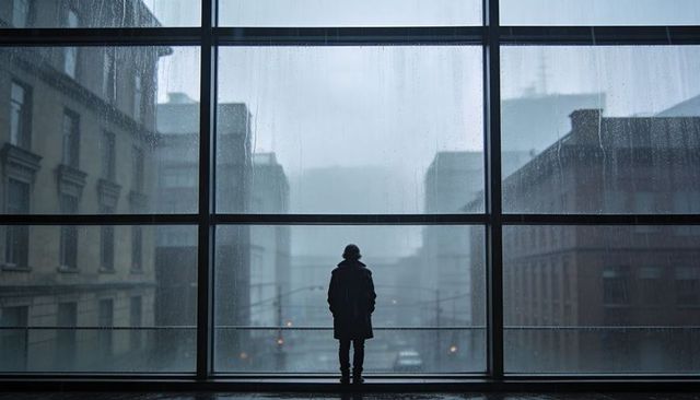 Lone figure standing at rain-streaked glass, gazing over empty urban street in moody dusk