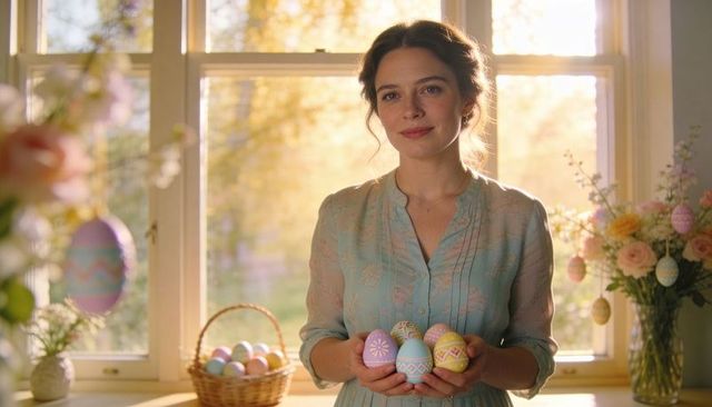 Young woman holding pastel easter eggs at sunlit window, spring floral basket soft glow