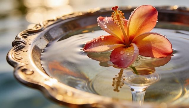 Floating orange-pink hibiscus blossom on still water in ornate golden bowl, dew reflection