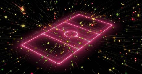 Futuristic neon soccer pitch with dynamic light particles