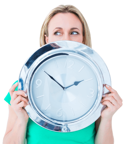 Blonde Woman Holding Large Transparent Clock