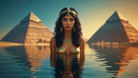 Mystical elegance of cleopatra in luxurious setting at dusk