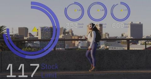 Sunlit urban rooftop woman walking with backpack holding coffee amid augmented reality hud