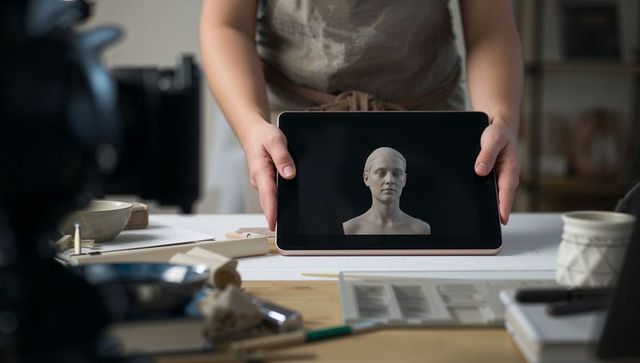Artist presenting tablet displaying grayscale bust sculpture on cluttered studio worktable