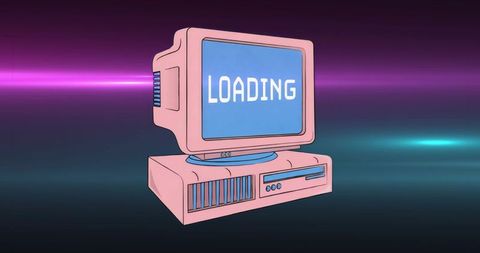 Pink Retro CRT Computer Displaying LOADING Text with Neon Cyberpunk Gradient Vaporwave