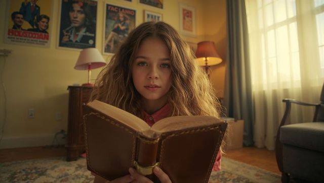 Young girl reading in cozy vintage room with posters