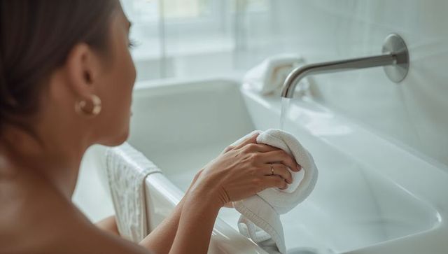 Woman rinsing white towel under wall spout at bathtub hands with rings minimalist spa serene