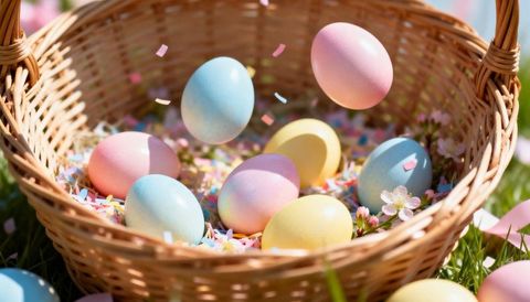 Wicker basket holding pastel easter eggs falling with confetti and spring blossoms