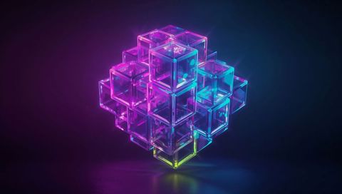 Neon Glass Cube Cluster Hovering Over Reflective Surface Futuristic 3D Geometric Art Vivid