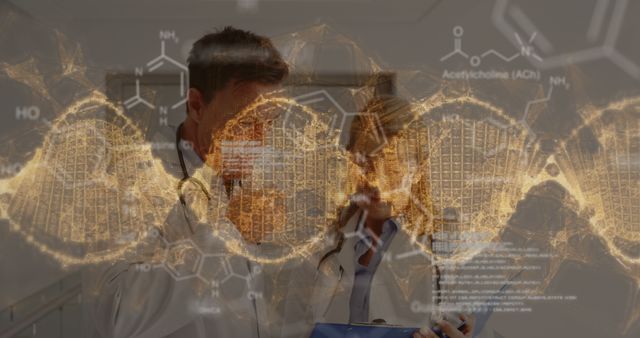 Two scientists carefully study and analyze complex molecular structures displayed in front of them, indicating a high-tech laboratory setting with advanced technology and instruments. Suitable for illustrating themes related to scientific research, healthcare innovation, biochemical analysis, collaborative projects, and professional lab environments.