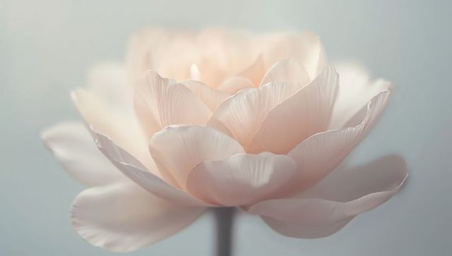 Pale peach peony blooming in soft pastel macro closeup for minimalist floral branding