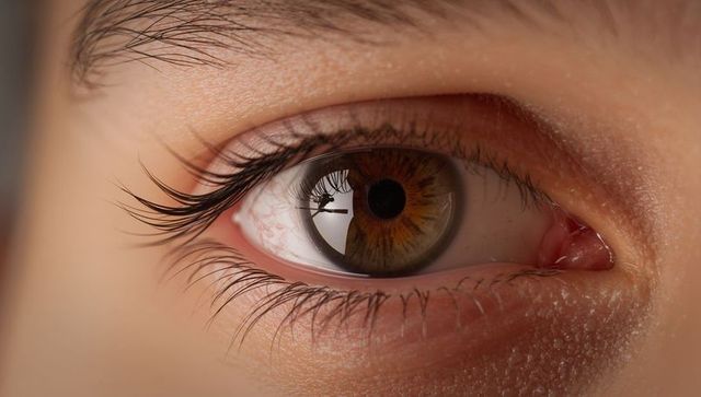 Macro brown eye reflecting window plant, gold-flecked iris and detailed lashes