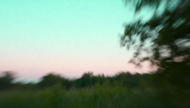 Motion-blurred meadow at dusk with teal-pink gradient sky and streaking tree silhouettes