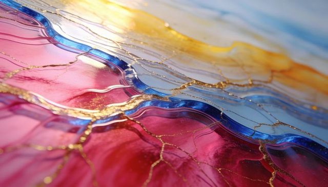Glossy abstract resin art featuring metallic gold veins and vivid layered color waves