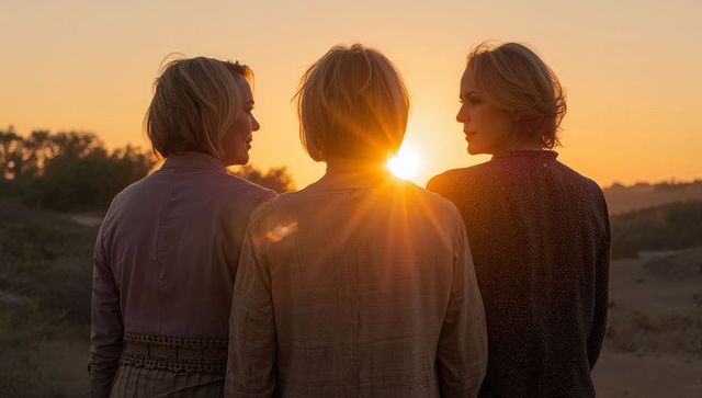 Three women watching sunset, backlit silhouettes with lens flare in rural golden hour