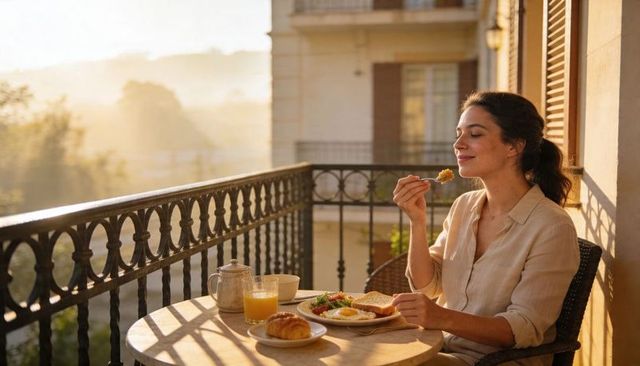 Woman enjoying sunlit balcony breakfast at sunrise, croissant and orange juice relaxation