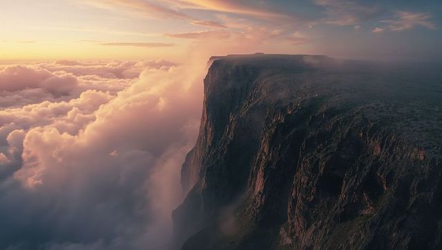Golden-Pink Cliff Over Sea of Clouds at Sunset