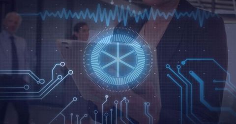Businesswoman tapping tablet while interacting with futuristic blue holographic hud