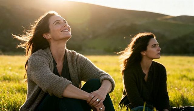 Smiling woman looking up in sunlit meadow with friend sitting nearby