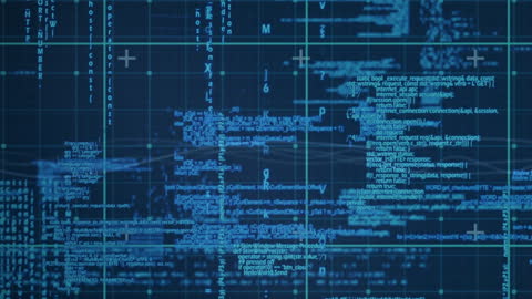 Digital Code Flow with Blue Grid on Navy Background