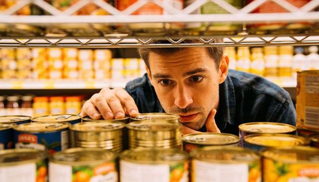 Young man inspecting canned goods on supermarket shelf, comparing labels and prices