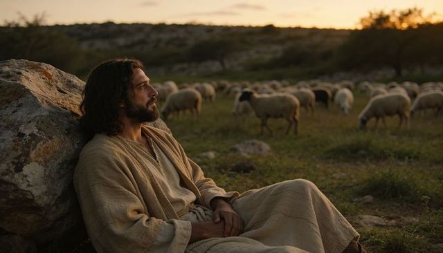 Bearded shepherd resting by rock at golden sunset with flock grazing on rolling meadow