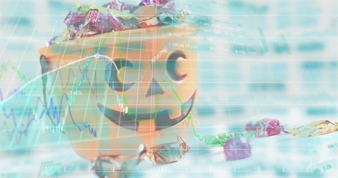 Halloween pumpkin candy bowl spilling foil sweets with overlaid stock market charts