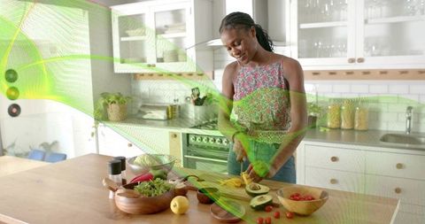 Woman Preparing Avocado with Futuristic Green Overlay