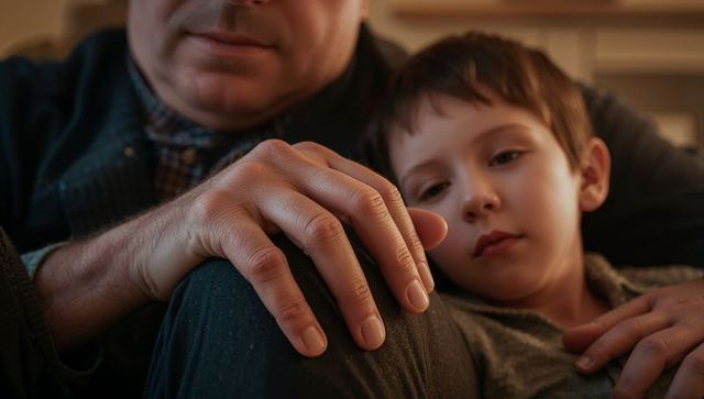 Father and son cozy bonding on sofa showing hand on knee close-up warm family moment