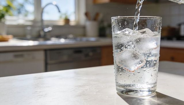 Sparkling water pouring into glass with ice on sunlit countertop, refreshing hydration