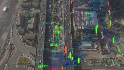 Digital Financial Growth Chart Overlay on Busy Cityscape