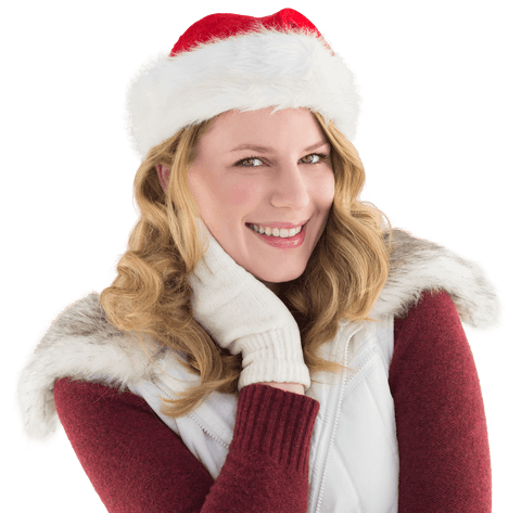 Festive Blonde Woman in Santa Hat Smiling with Holiday Cheer Transparent Background