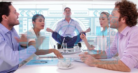 Meditative Business Leader Amidst Stressful Meeting with Tech Overlay