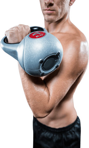 Transparent Midsection of Shirtless Athlete Lifting Kettlebell Closeup