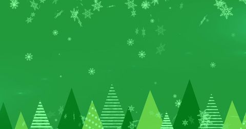Snowflakes Falling Over Stylized Trees on Green Background