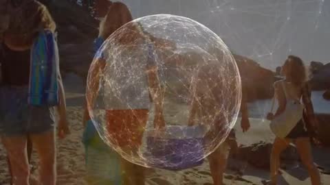 Digital Connection Network Overlay on People Walking on Beach