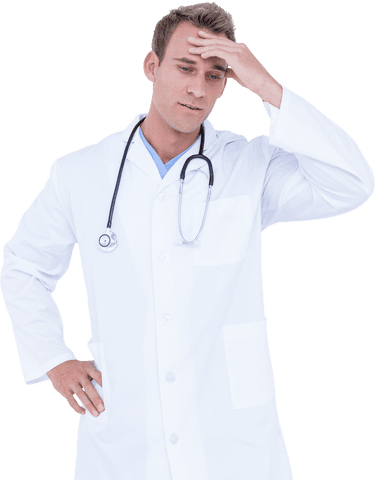 Stressed Male Doctor Wearing White Coat and Stethoscope on Transparent Background - Download Free Stock Videos Pikwizard.com
