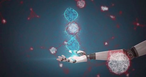 Robotic arm holding glowing dna helix in futuristic lab