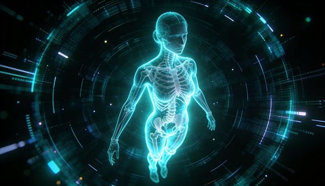 Holographic female skeleton floating in futuristic digital health interface