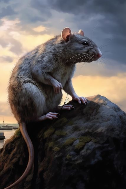 Majestic rat standing confidently on a rock with a dramatic sky in the background during sunset, adding a contrast between the wild and serene elements of nature. Ideal for use in nature documentaries, wildlife articles, animal behavior studies, or educational materials showcasing urban wildlife.