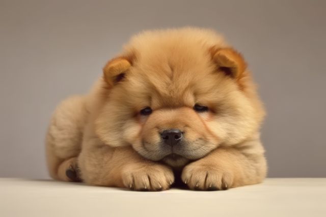 Cute Chow Chow puppy lying on the floor with paws folded in front. Perfect for use in pet care promotions, animal blog illustrations, and advertisements for pet supplies or veterinary services.