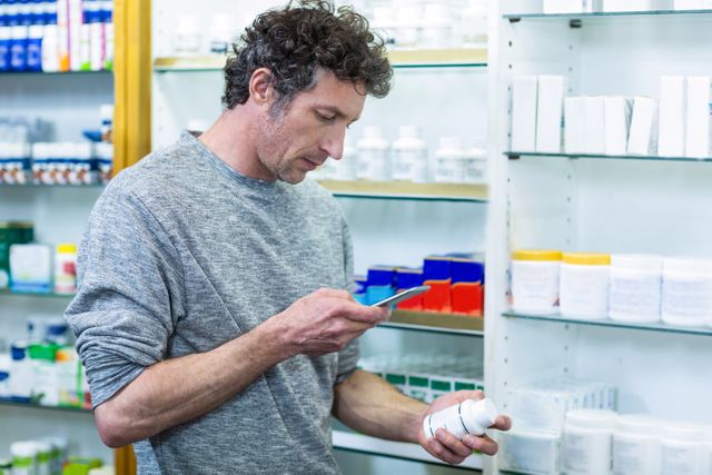 Customer examining medication bottle in pharmacy, possibly checking details or price on smartphone. Useful for illustrating healthcare, pharmaceutical shopping, customer behavior, or retail pharmacy environments.