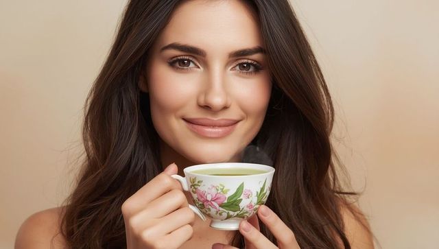 Elegant woman enjoying tea from floral porcelain cup