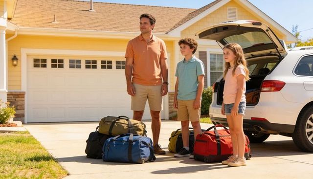 Family packing for road trip on driveway by suburban home with open suv trunk