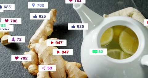 Ceramic Teapot with Lemon and Social Media Overlay Symbolizing Modern Wellness