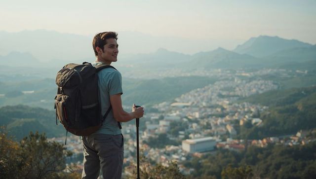 Young hiker overlooking city from mountain ridge with backpack and trekking pole