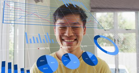 Smiling Business Analyst with Financial Data Visualization Overlay - Download Free Stock Images Pikwizard.com