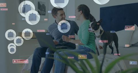 Couple Relaxing on Bed Browsing with Laptop and Social Media Overlays