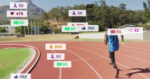 Teen amputee sprinting on curved track with prosthetic blade and social media notifications