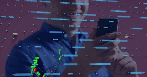 Businessman holding smartphone with augmented financial data overlays and HUD graphics
